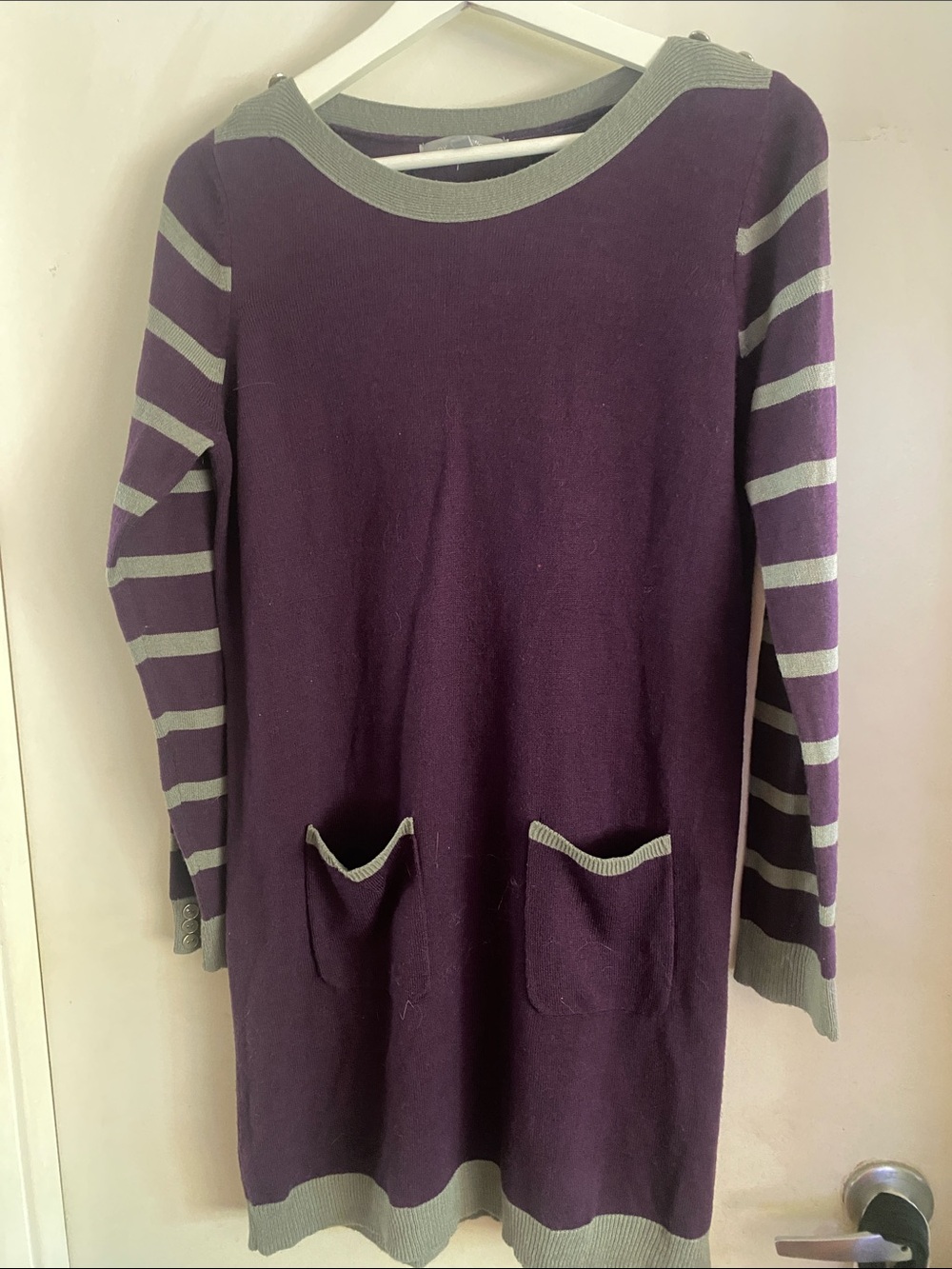 New York & Company Purple Long Sleeve Knit Dress with Gray Trim